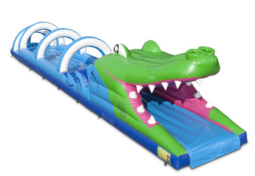Order an inflatable 18meter belly slide in a crocodile theme for your kids online. Buy inflatable belly slides now online at JB Inflatables UK