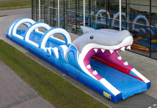 Buy inflatable belly slide 18 meters long, shark themed for children. Order inflatable slides now online at JB Inflatables UK