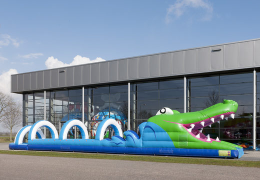 Spectacular inflatable crocodile belly slide 18 meters long with an extra wide track for children. Buy inflatable belly slides now online at JB Inflatables UK