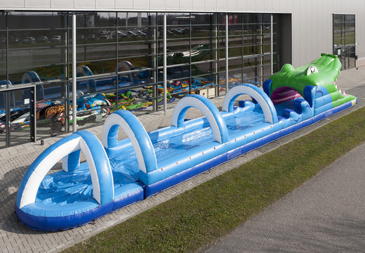 Buy 18m long inflatable crocodile themed belly slide for kids. Order inflatable slides now online at JB Inflatables UK