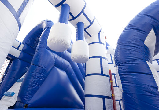 Order medium inflatable blue white castle bouncy castle with slide for children. Buy inflatable bouncy castles online at JB Inflatables UK