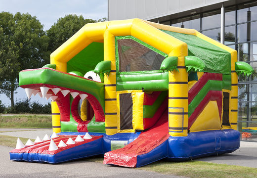 Medium inflatable multiplay bouncy castle in crocodile theme for children. Order inflatable bouncy castles online at JB Inflatables UK