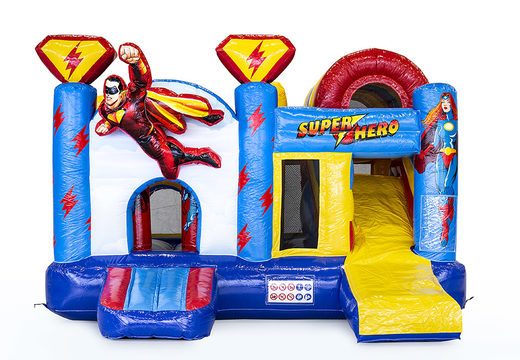 Order multiplay bouncy castle in superhero theme with slide for children. Buy inflatable bouncy castles online at JB Inflatables UK