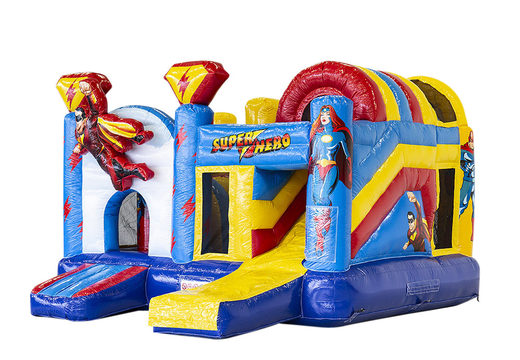 Buy inflatable multiplay bouncy castle in superhero theme with slide for children. Order inflatable bouncy castles online at JB Inflatables UK