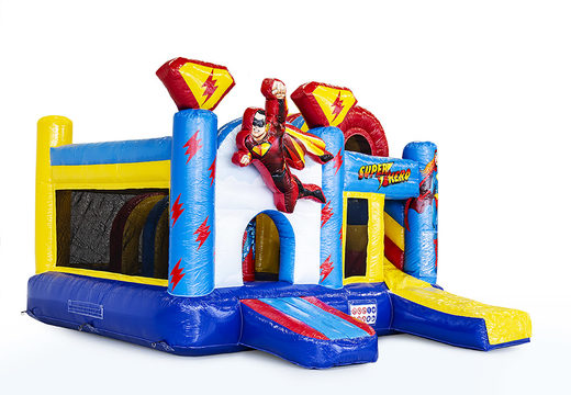 Medium inflatable multiplay bouncy castle in superhero theme for children. Order inflatable bouncy castles online at JB Inflatables UK