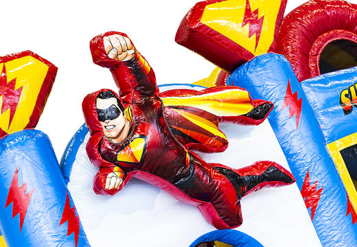 Buy superhero themed medium inflatable multiplay bouncy castle with slide for kids. Order inflatable bouncy castles online at JB Inflatables UK
