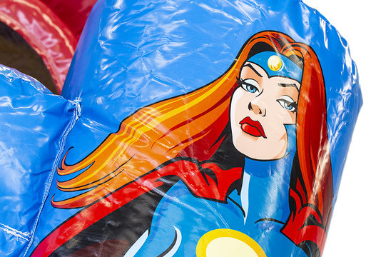 Medium inflatable multiplay bouncer in superhero theme with slide for children. Order inflatable bouncers online at JB Inflatables UK