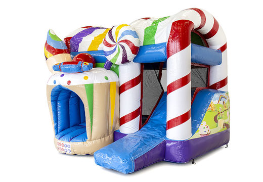 Buy small indoor inflatable multiplay bouncy castle with slide in candy world theme for children. Order inflatable bouncy castles online at JB Inflatables UK