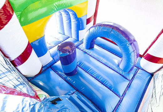 Buy small inflatable bouncer with slide in candy theme for children. Order inflatable bouncers online at JB Inflatables UK