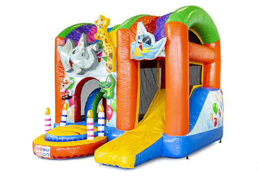 Buy large inflatable indoor multiplay bouncy castle in party theme with slide for children. Order inflatable bouncy castles online at JB Inflatables UK
