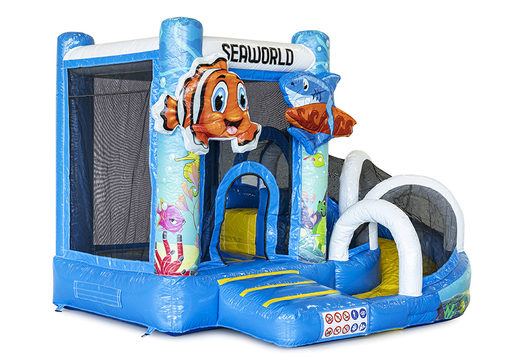 Buy a small indoor inflatable multiplay bouncy castle in the Seaworld Nemo theme with slide for children. Order inflatable bouncy castles online at JB Inflatables UK