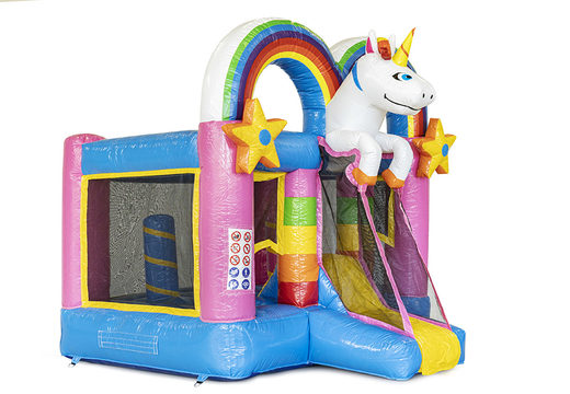 Buy mini inflatable bouncy castle in unicorn theme with slide for kids. Inflatable bouncy castles with slide for sale at JB Inflatables UK