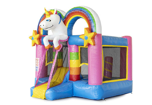Mini inflatable unicorn-themed bouncy castle with slide available to buy for kids at JB Inflatables. Order inflatable bouncy castles online at JB Inflatables UK