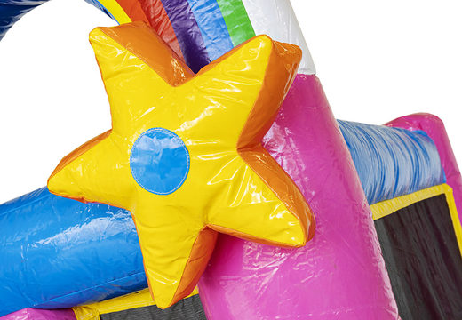 Colorful unicorn-themed mini inflatable bouncer with slide for sale. Purchase inflatable bouncers for kids online at JB Inflatables UK