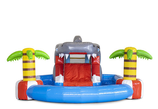 Minipark bouncy castle with water slide and swimming pool in shark theme for kids. Buy inflatable bouncy castles online at JB Inflatables UK