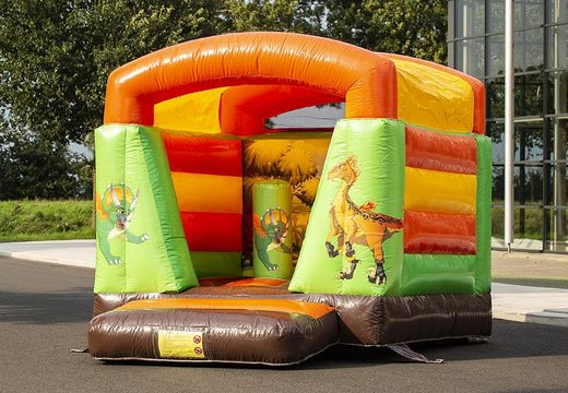 Inflatable small bouncy castle with roof orange green for children to buy with dinosaur theme. Buy bouncy castles online at JB Inflatables