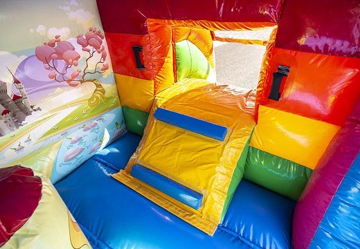 Order a mini roofed multifun inflatable bouncer for kids in rainbow unicorn theme. Buy bouncers at JB Inflatables UK online