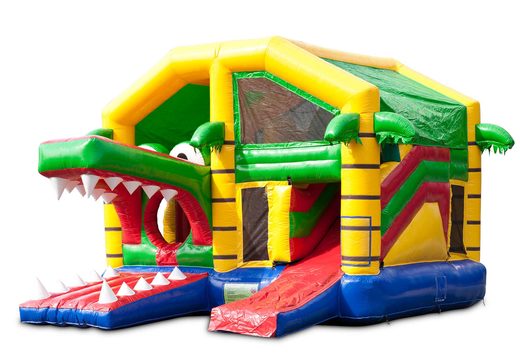 Buy an inflatable indoor multiplay bouncy castle with slide in a crocodile theme for children. Order inflatable bouncy castles online at JB Inflatables UK