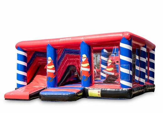 Buy a large inflatable open multiplay bouncy castle with slide in the fire department theme for children. Order inflatable bouncy castles online at JB Inflatables UK